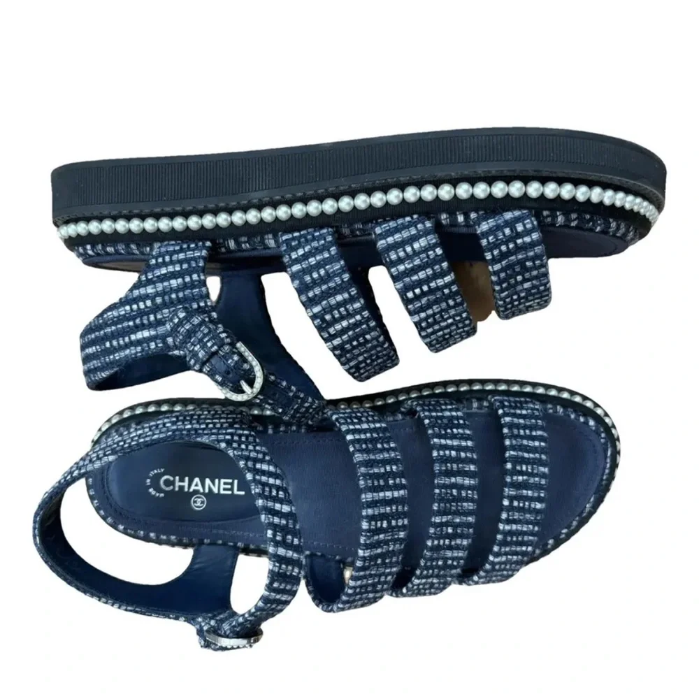 CHANEL Navy and White Strappy Sandals - Picture 2 of 7